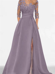 A Line Princess Sweetheart 3 4 Sleeves Floor Length Mother Of The Bride Dresses With Lace Split Side