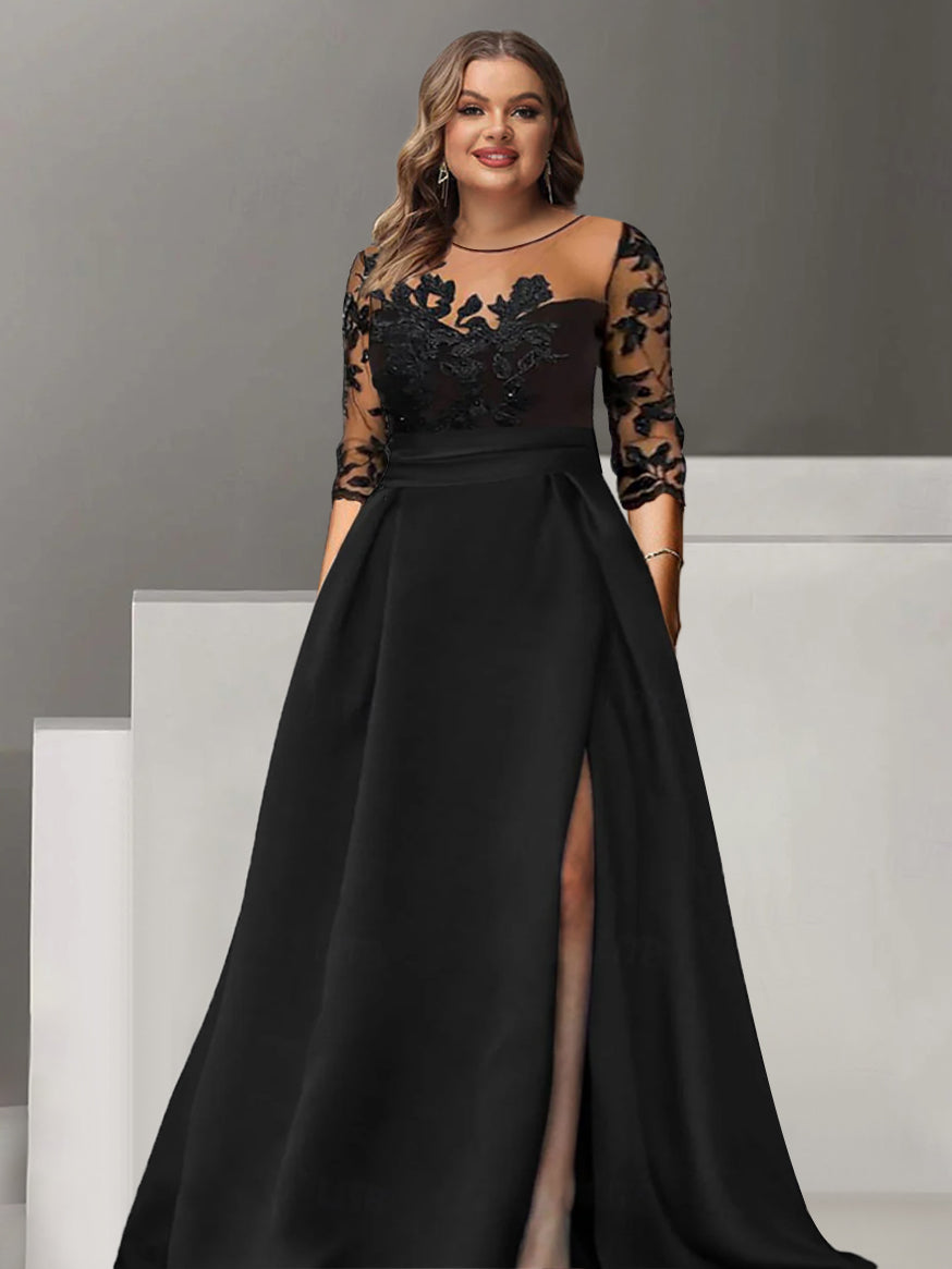 A Line Princess Sweetheart 3 4 Sleeves Floor Length Mother Of The Bride Dresses With Lace Split Side