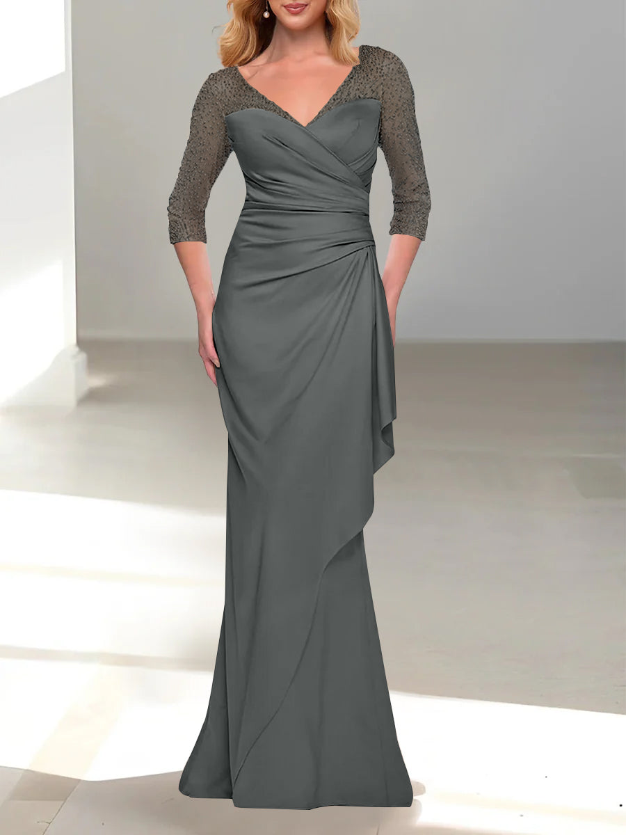 Trumpet Mermaid V Neck 3 4 Sleeves Mother Of The Bride Dresses With Beading