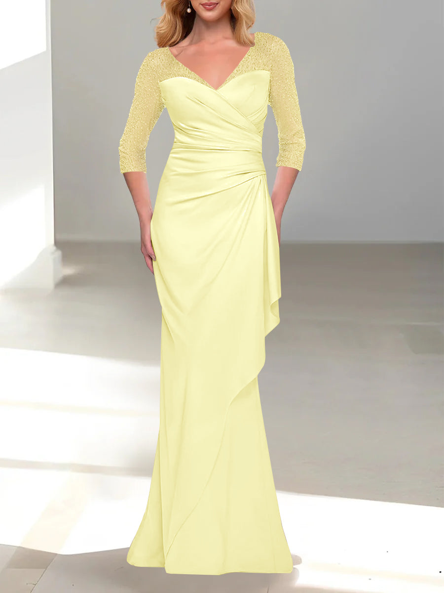 Trumpet Mermaid V Neck 3 4 Sleeves Mother Of The Bride Dresses With Beading