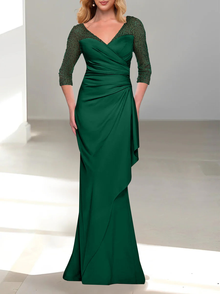 Trumpet Mermaid V Neck 3 4 Sleeves Mother Of The Bride Dresses With Beading