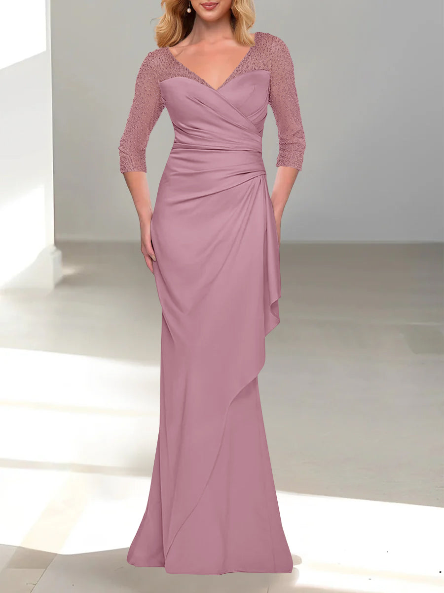 Trumpet Mermaid V Neck 3 4 Sleeves Mother Of The Bride Dresses With Beading