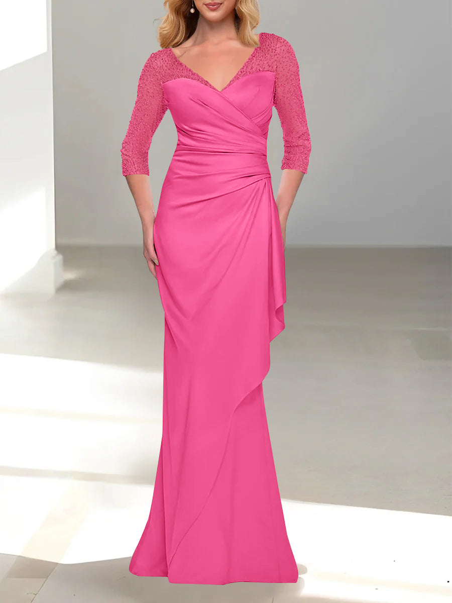 Trumpet Mermaid V Neck 3 4 Sleeves Mother Of The Bride Dresses With Beading