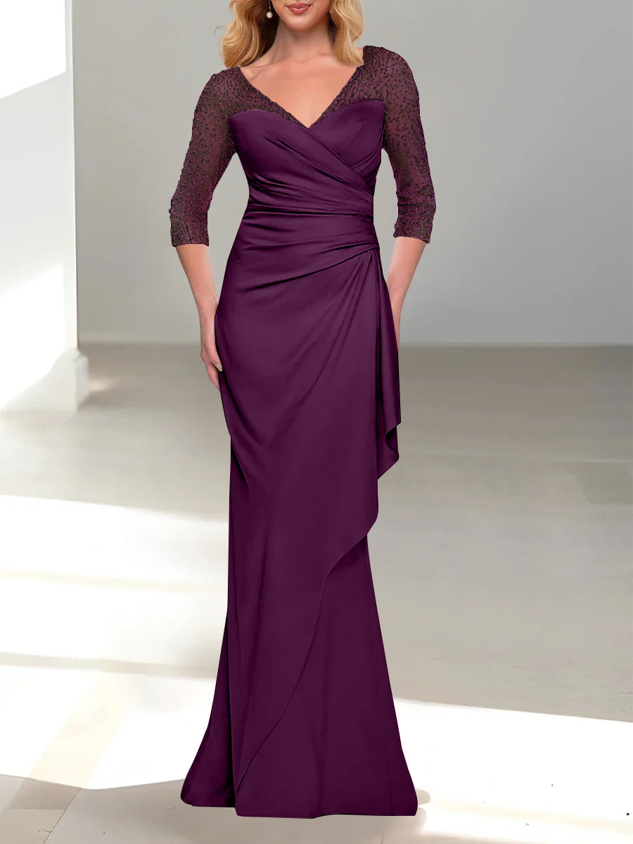 Trumpet Mermaid V Neck 3 4 Sleeves Mother Of The Bride Dresses With Beading