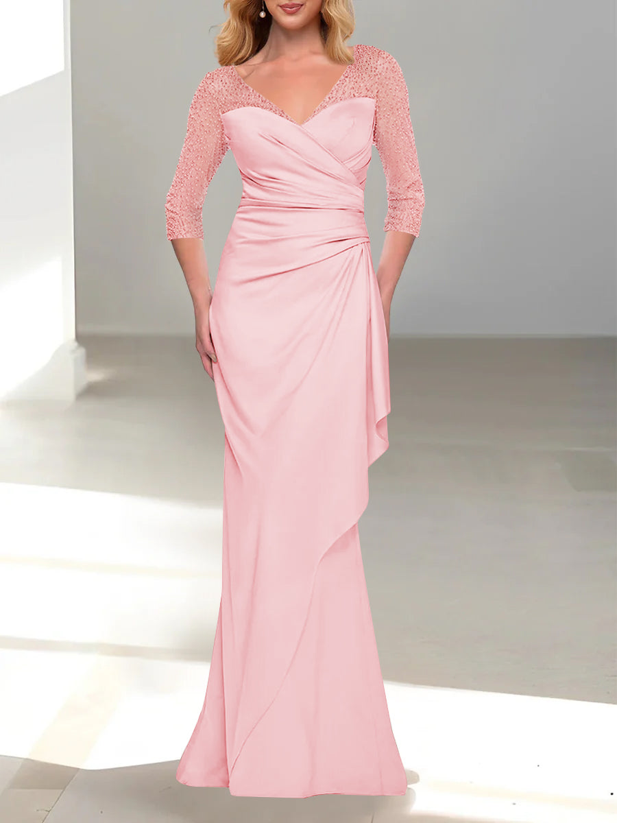 Trumpet Mermaid V Neck 3 4 Sleeves Mother Of The Bride Dresses With Beading