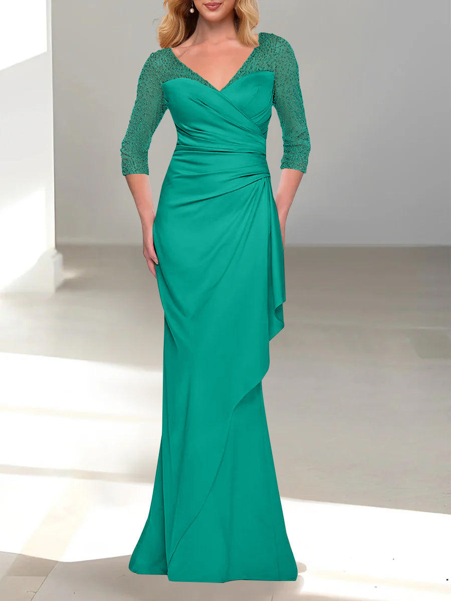 Trumpet Mermaid V Neck 3 4 Sleeves Mother Of The Bride Dresses With Beading
