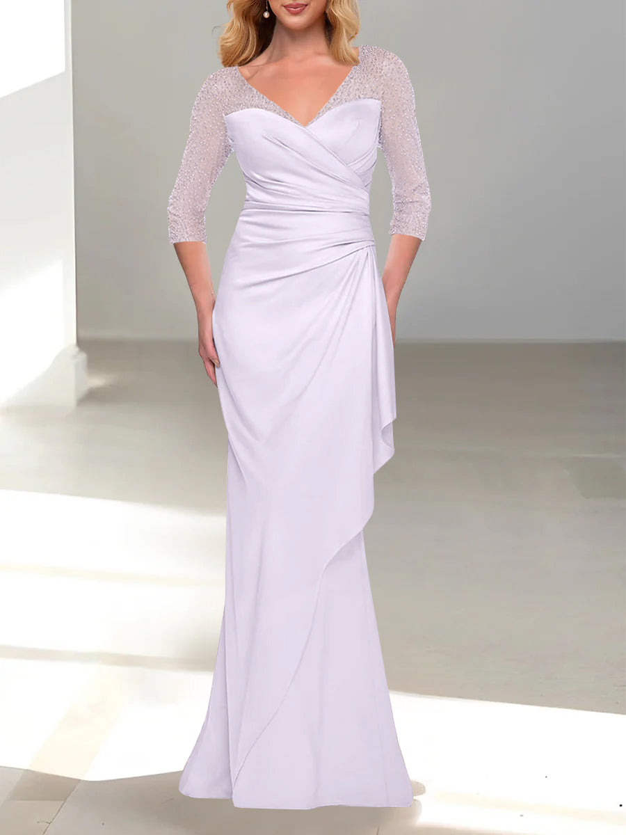 Trumpet Mermaid V Neck 3 4 Sleeves Mother Of The Bride Dresses With Beading