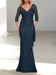 Trumpet Mermaid V Neck 3 4 Sleeves Mother Of The Bride Dresses With Beading
