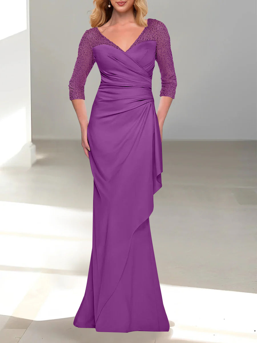 Trumpet Mermaid V Neck 3 4 Sleeves Mother Of The Bride Dresses With Beading