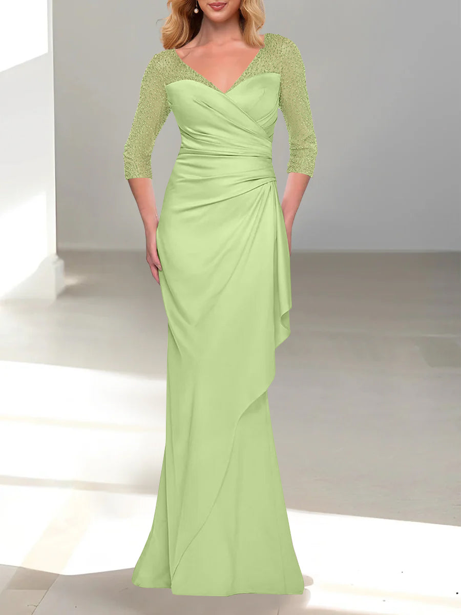 Trumpet Mermaid V Neck 3 4 Sleeves Mother Of The Bride Dresses With Beading