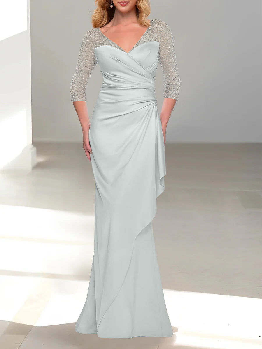 Trumpet Mermaid V Neck 3 4 Sleeves Mother Of The Bride Dresses With Beading