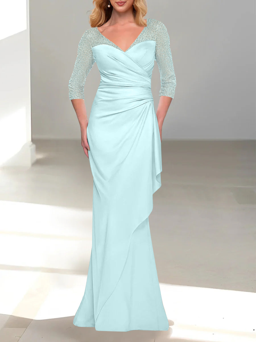 Trumpet Mermaid V Neck 3 4 Sleeves Mother Of The Bride Dresses With Beading