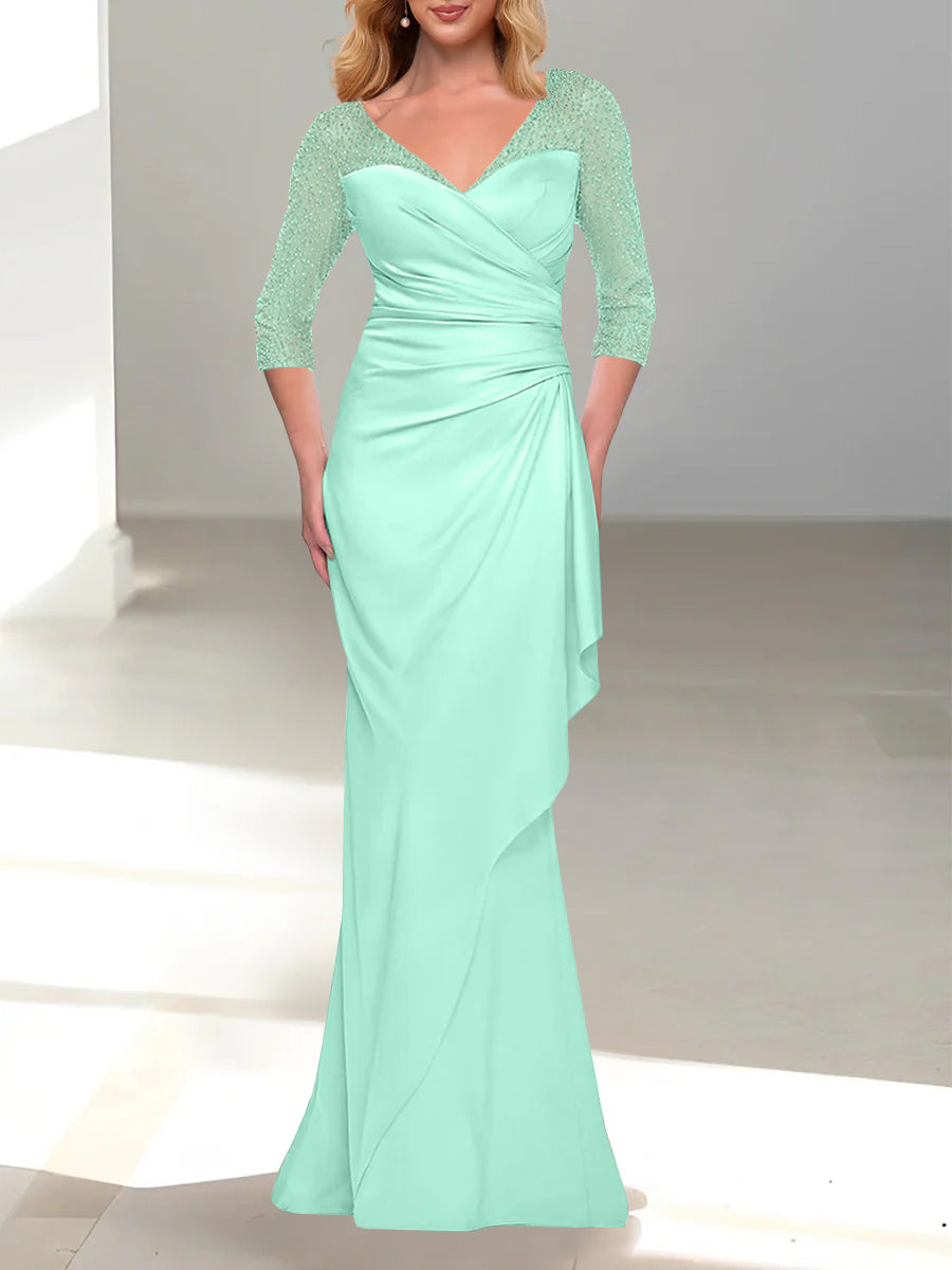 Trumpet Mermaid V Neck 3 4 Sleeves Mother Of The Bride Dresses With Beading