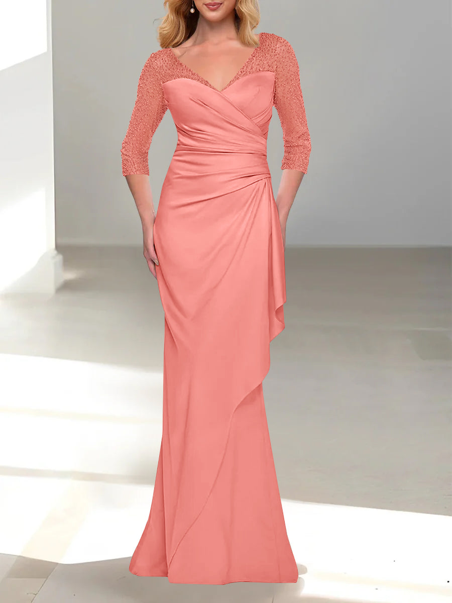 Trumpet Mermaid V Neck 3 4 Sleeves Mother Of The Bride Dresses With Beading