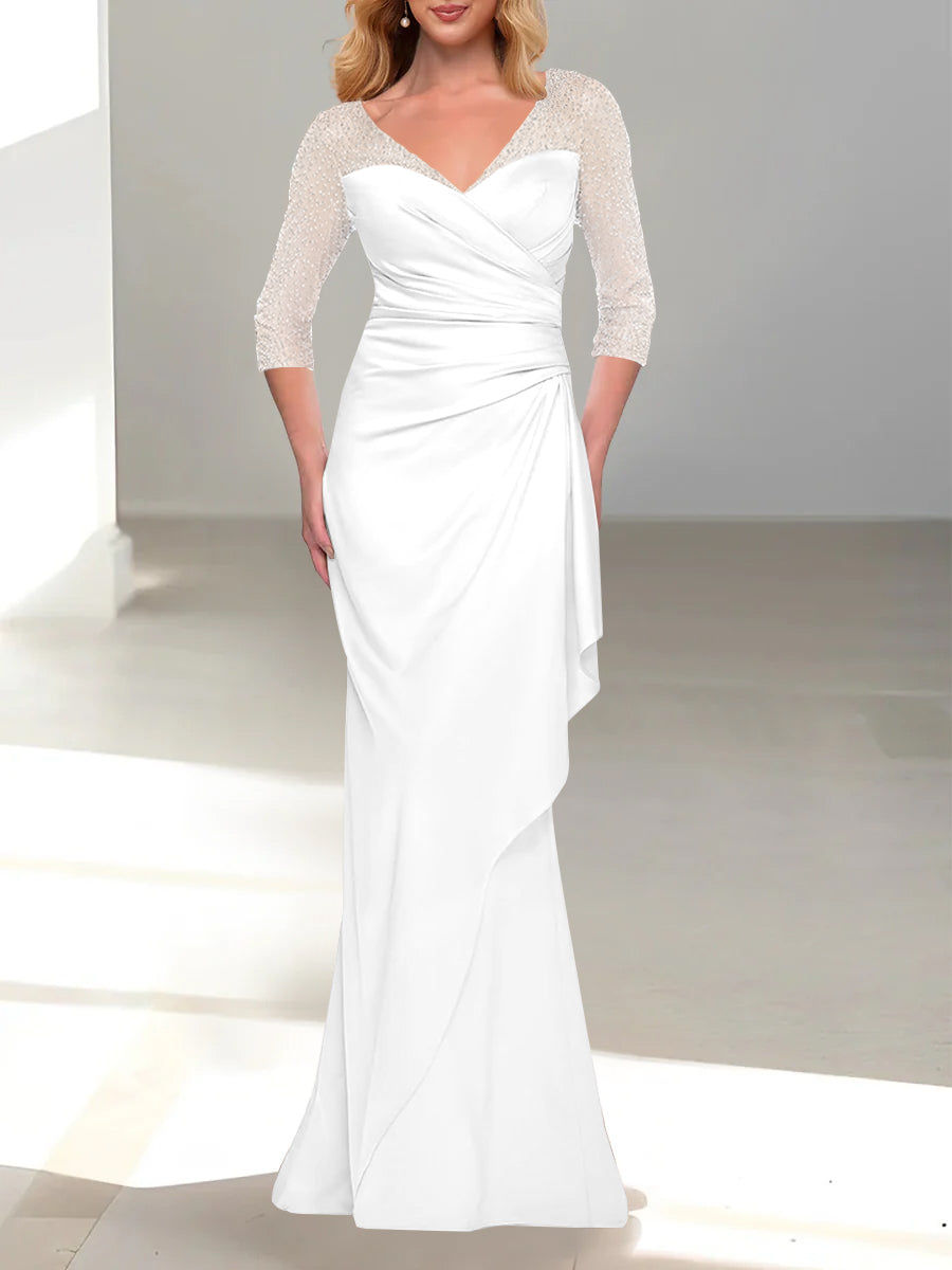 Trumpet Mermaid V Neck 3 4 Sleeves Mother Of The Bride Dresses With Beading