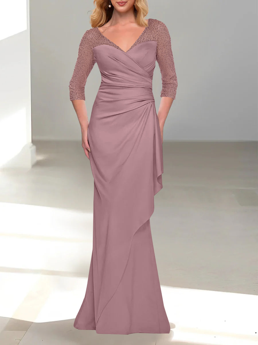 Trumpet Mermaid V Neck 3 4 Sleeves Mother Of The Bride Dresses With Beading