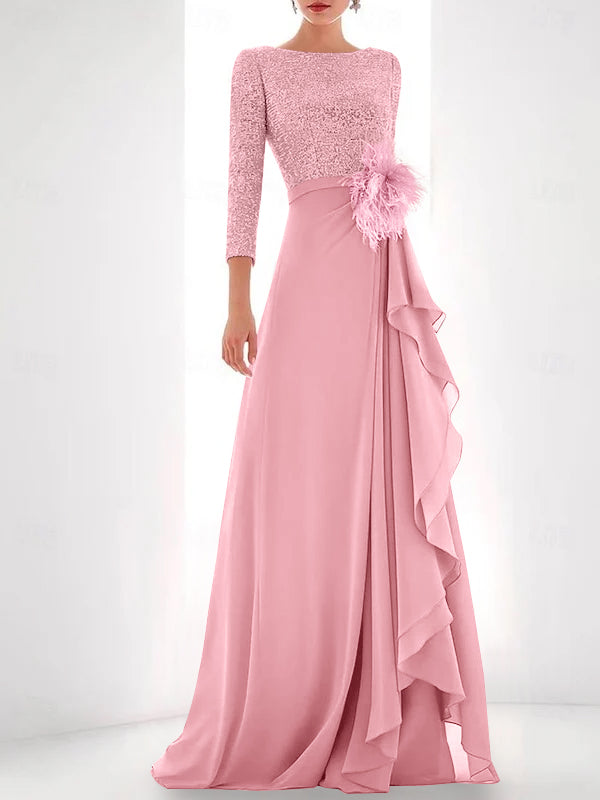 A Line Princess Jewel Neck Long Sleeves Asymmetrical Mother Of The Bride Dresses With Sequin Feather Pearls