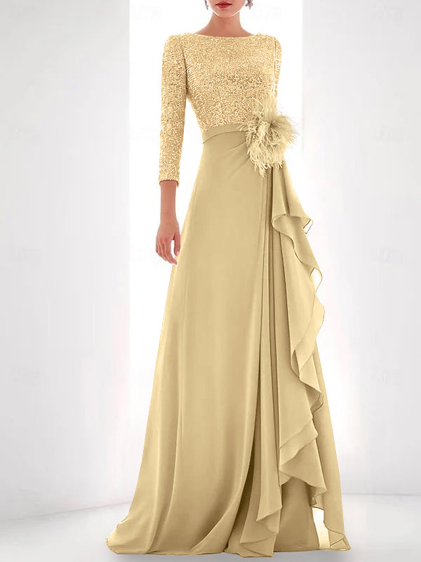 A Line Princess Jewel Neck Long Sleeves Asymmetrical Mother Of The Bride Dresses With Sequin Feather Pearls