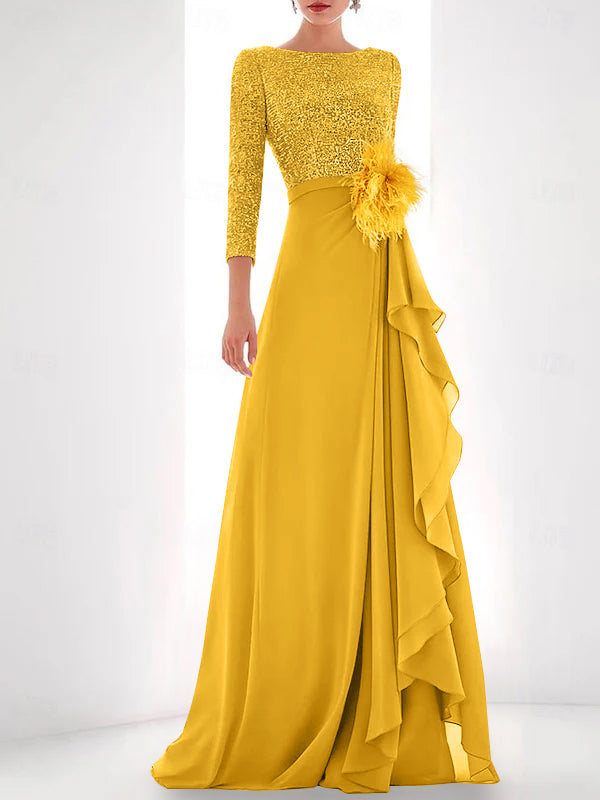 A Line Princess Jewel Neck Long Sleeves Asymmetrical Mother Of The Bride Dresses With Sequin Feather Pearls