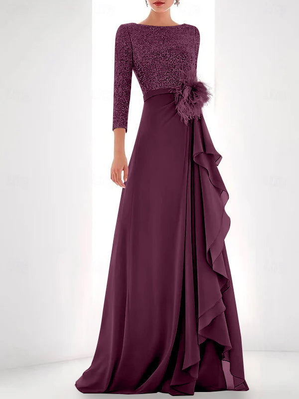 A Line Princess Jewel Neck Long Sleeves Asymmetrical Mother Of The Bride Dresses With Sequin Feather Pearls