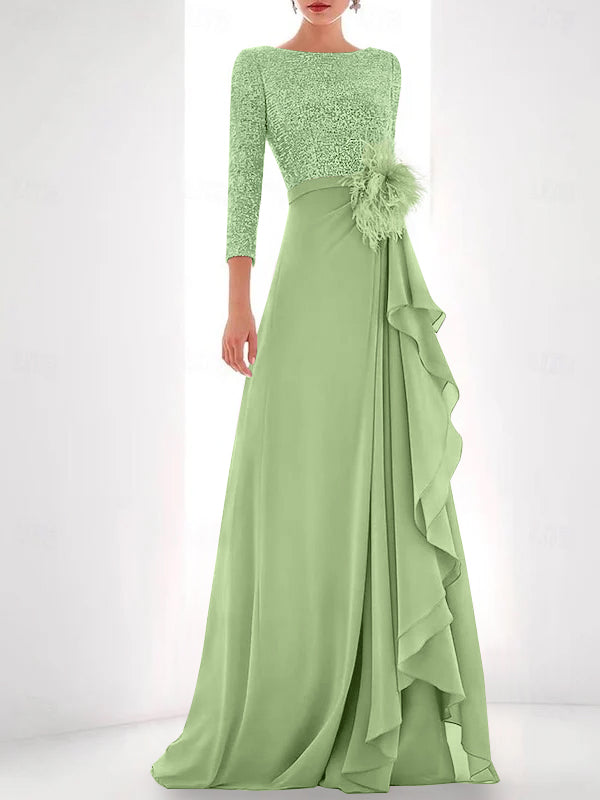 A Line Princess Jewel Neck Long Sleeves Asymmetrical Mother Of The Bride Dresses With Sequin Feather Pearls