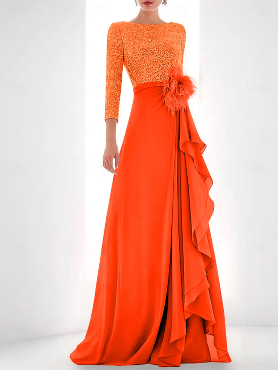 A Line Princess Jewel Neck Long Sleeves Asymmetrical Mother Of The Bride Dresses With Sequin Feather Pearls