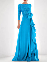 A Line Princess Jewel Neck Long Sleeves Asymmetrical Mother Of The Bride Dresses With Sequin Feather Pearls