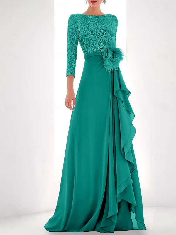 A Line Princess Jewel Neck Long Sleeves Asymmetrical Mother Of The Bride Dresses With Sequin Feather Pearls