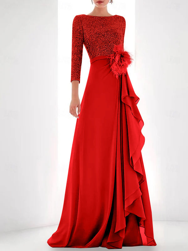 A Line Princess Jewel Neck Long Sleeves Asymmetrical Mother Of The Bride Dresses With Sequin Feather Pearls