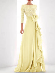 A Line Princess Jewel Neck Long Sleeves Asymmetrical Mother Of The Bride Dresses With Sequin Feather Pearls