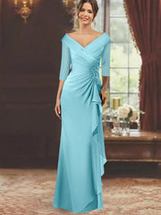 Sheath Column V Neck Half Sleeves Floor Length Mother Of The Bride Dresses With Ruffles Appliques