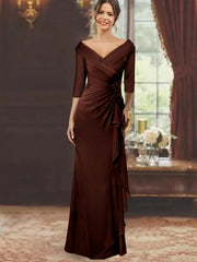 Sheath Column V Neck Half Sleeves Floor Length Mother Of The Bride Dresses With Ruffles Appliques