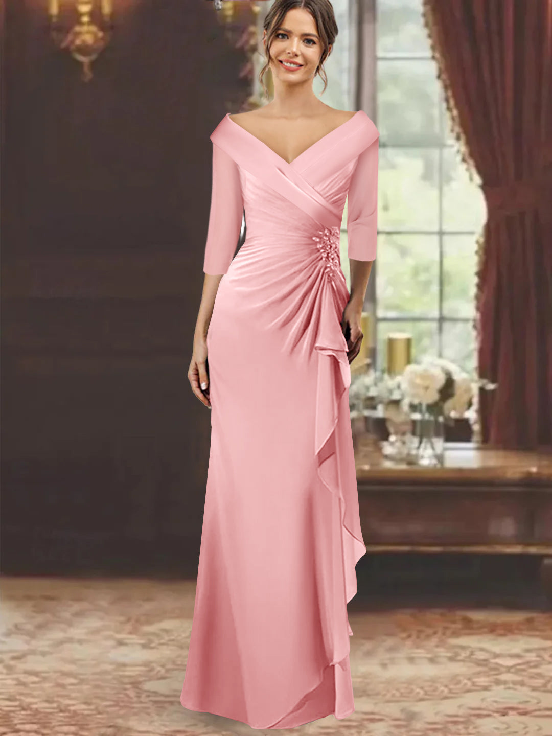 Sheath Column V Neck Half Sleeves Floor Length Mother Of The Bride Dresses With Ruffles Appliques