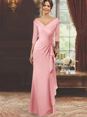 Sheath Column V Neck Half Sleeves Floor Length Mother Of The Bride Dresses With Ruffles Appliques