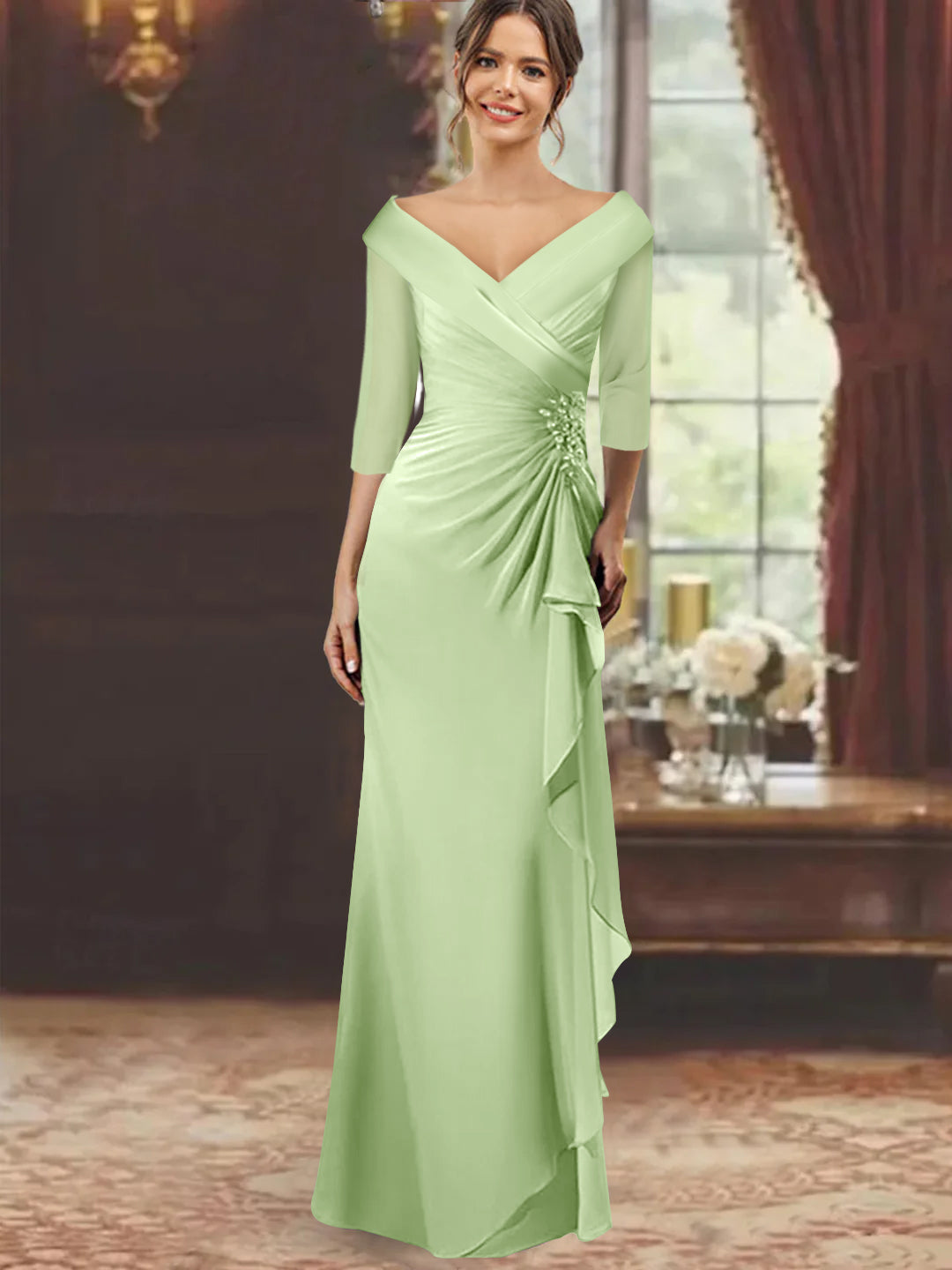 Sheath Column V Neck Half Sleeves Floor Length Mother Of The Bride Dresses With Ruffles Appliques