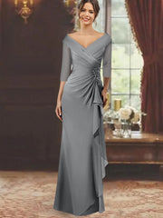 Sheath Column V Neck Half Sleeves Floor Length Mother Of The Bride Dresses With Ruffles Appliques