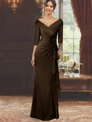 Sheath Column V Neck Half Sleeves Floor Length Mother Of The Bride Dresses With Ruffles Appliques