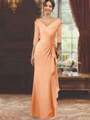 Sheath Column V Neck Half Sleeves Floor Length Mother Of The Bride Dresses With Ruffles Appliques