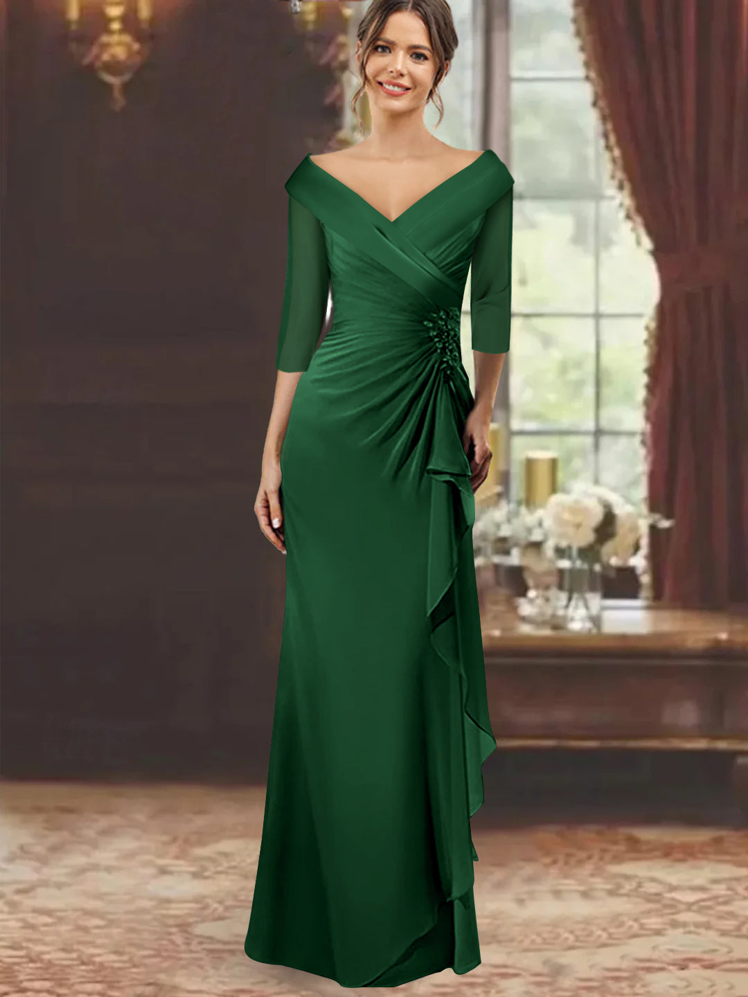 Sheath Column V Neck Half Sleeves Floor Length Mother Of The Bride Dresses With Ruffles Appliques