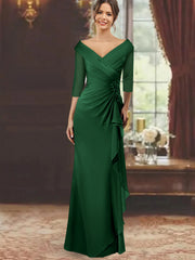 Sheath Column V Neck Half Sleeves Floor Length Mother Of The Bride Dresses With Ruffles Appliques