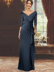 Sheath Column V Neck Half Sleeves Floor Length Mother Of The Bride Dresses With Ruffles Appliques