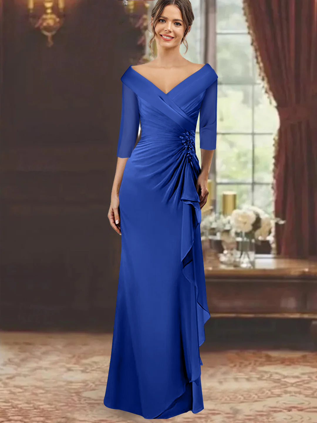 Sheath Column V Neck Half Sleeves Floor Length Mother Of The Bride Dresses With Ruffles Appliques