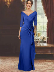 Sheath Column V Neck Half Sleeves Floor Length Mother Of The Bride Dresses With Ruffles Appliques