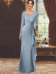 Sheath Column V Neck Half Sleeves Floor Length Mother Of The Bride Dresses With Ruffles Appliques