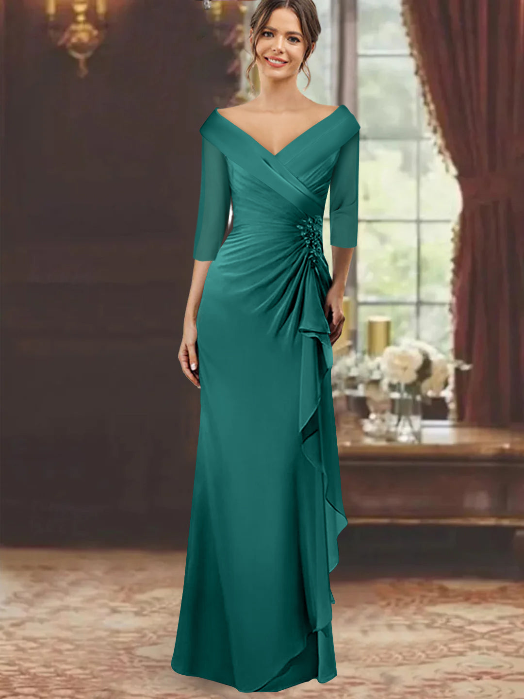 Sheath Column V Neck Half Sleeves Floor Length Mother Of The Bride Dresses With Ruffles Appliques