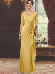 Sheath Column V Neck Half Sleeves Floor Length Mother Of The Bride Dresses With Ruffles Appliques