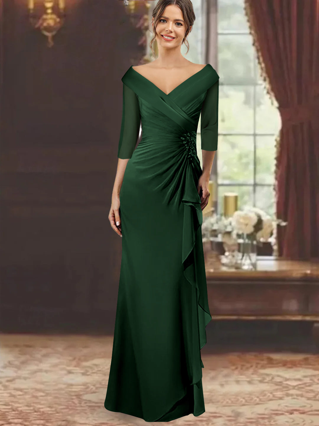 Sheath Column V Neck Half Sleeves Floor Length Mother Of The Bride Dresses With Ruffles Appliques