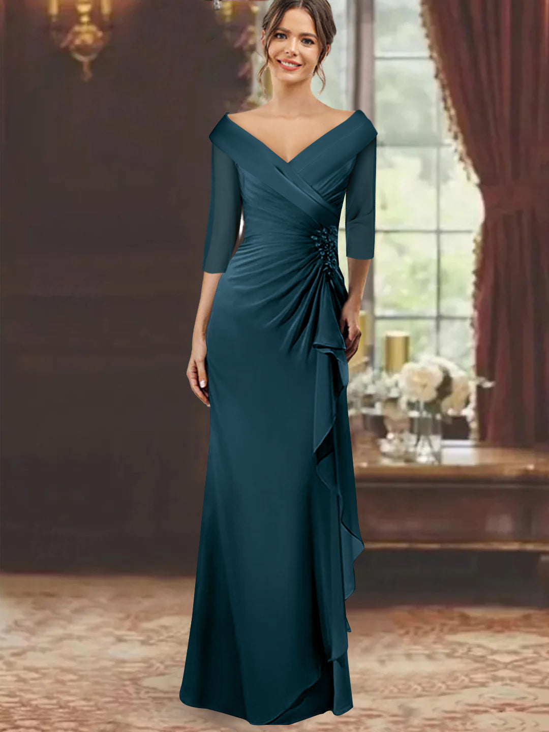 Sheath Column V Neck Half Sleeves Floor Length Mother Of The Bride Dresses With Ruffles Appliques