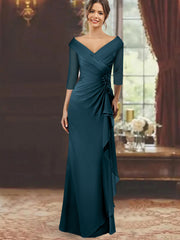 Sheath Column V Neck Half Sleeves Floor Length Mother Of The Bride Dresses With Ruffles Appliques