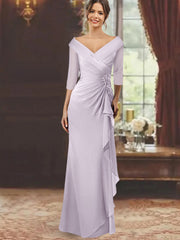Sheath Column V Neck Half Sleeves Floor Length Mother Of The Bride Dresses With Ruffles Appliques